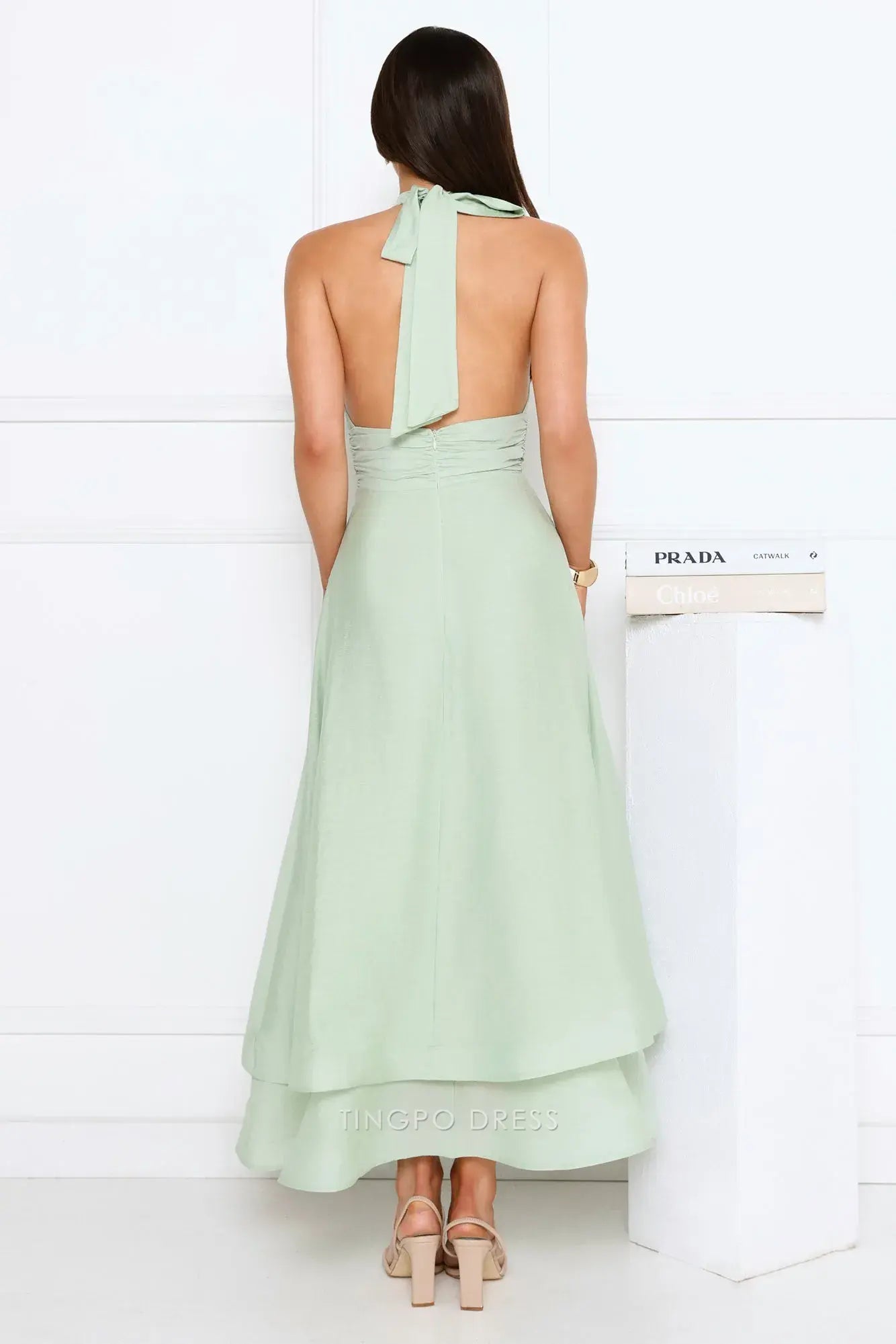 Elegant Halter Neck Deep V - Neck Layered Maxi Dress Prom Dress